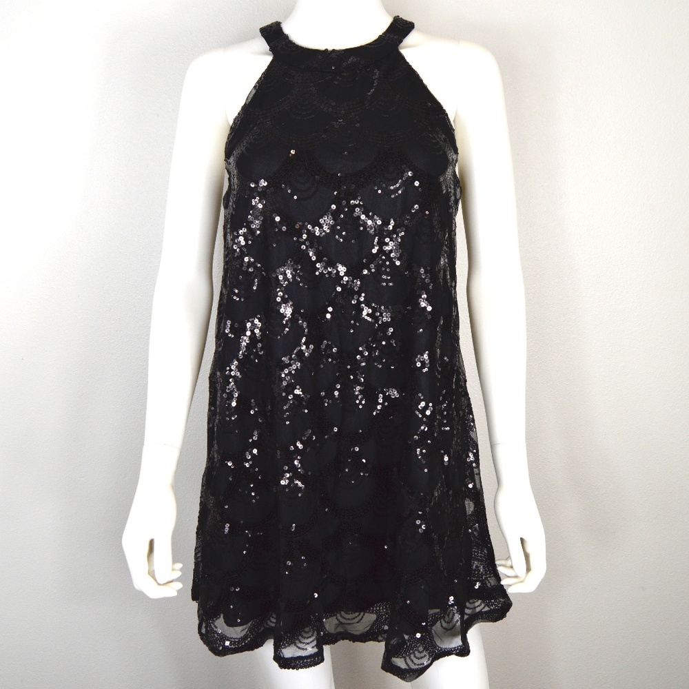 Black Sequin Halter Dress